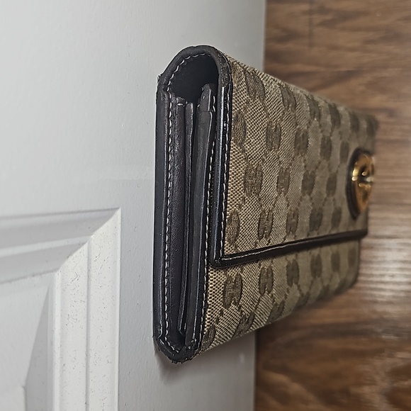 🔥GUCCI HEART SIGNATURE JACQUARD GG BROWN LEATHER TRIM WALLET - Picture 4 of 10